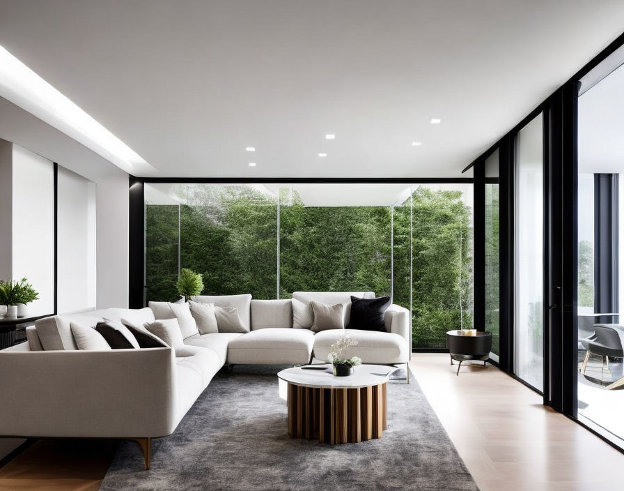 Spacious modern living room with large windows, white sectional sofa, black armchair, round coffee table