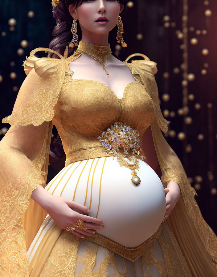 Elaborate yellow gown with jeweled bodice and cape