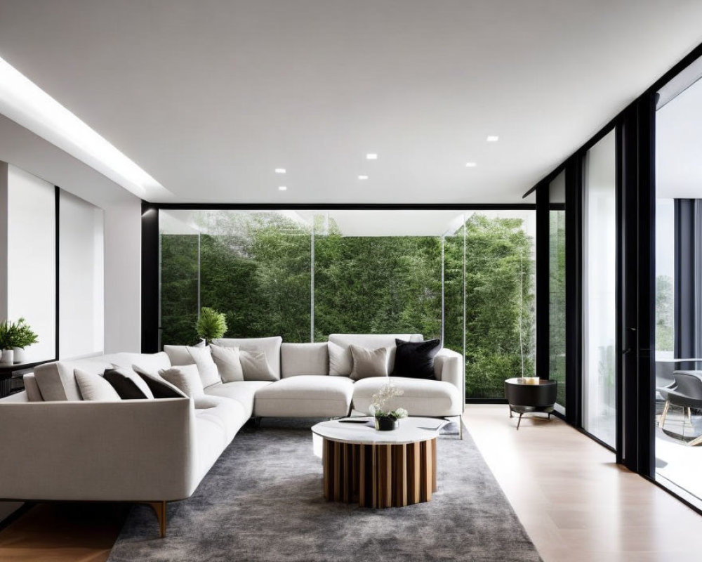 Spacious modern living room with large windows, white sectional sofa, black armchair, round coffee table