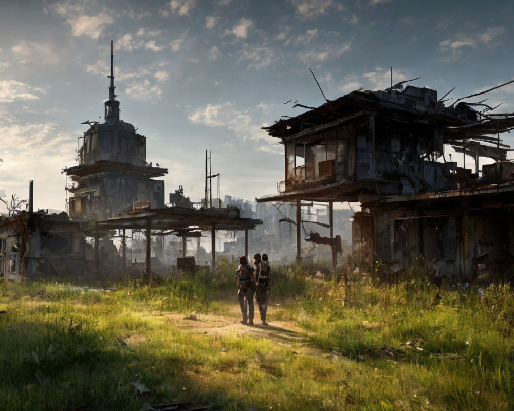 Two people with backpacks in field of dilapidated buildings under hazy sky