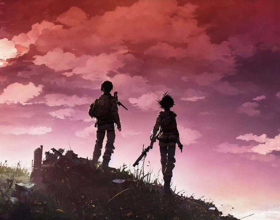 Silhouetted figures on hill with rifle under dramatic sky