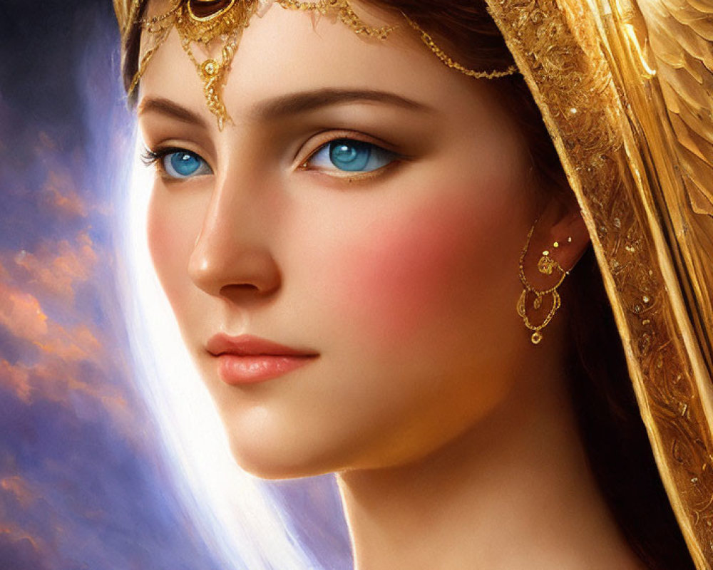 Woman with Blue Eyes and Golden Headpiece in Twilight Sky Setting
