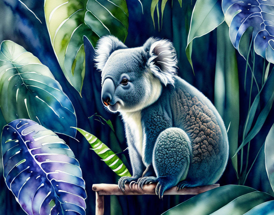 Detailed Illustration: Koala on Branch Amid Green Foliage & Blue Leaves