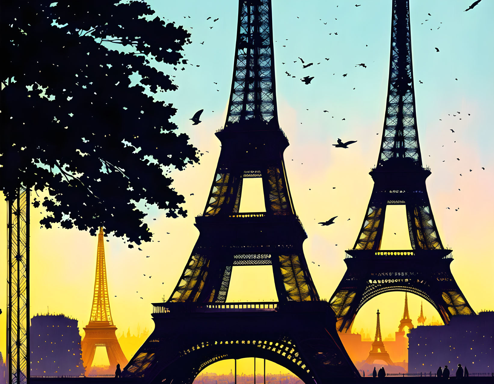 Surreal illustration of overlapping Eiffel Towers at sunset