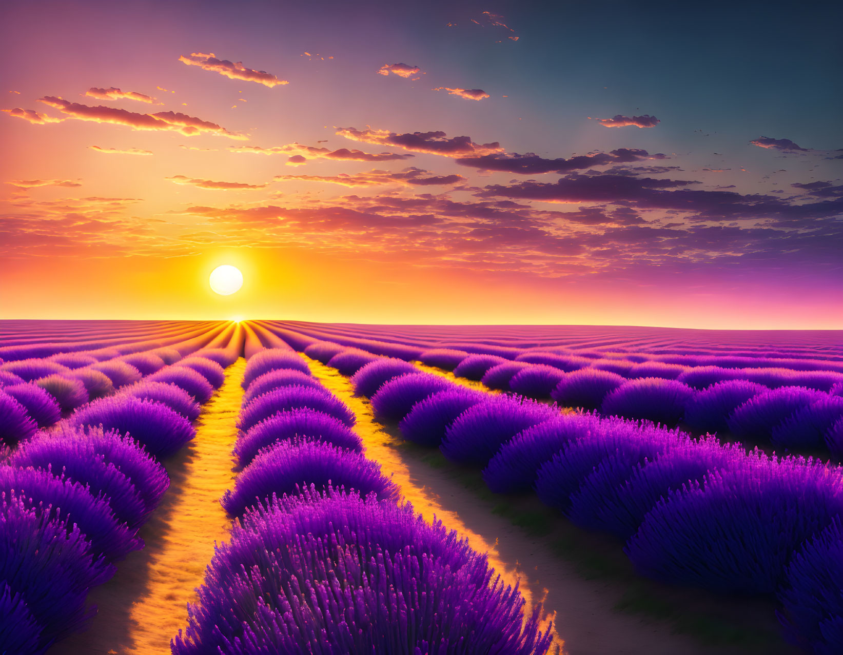 lavender field sharp colors, setting sun