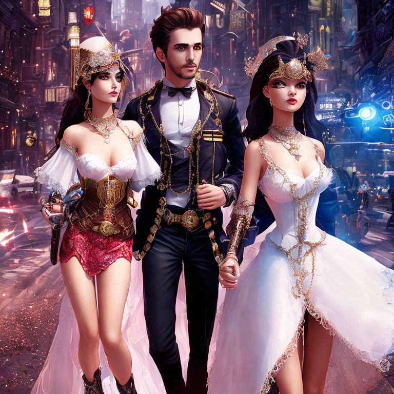 Three Steampunk Characters in Neon Cityscape