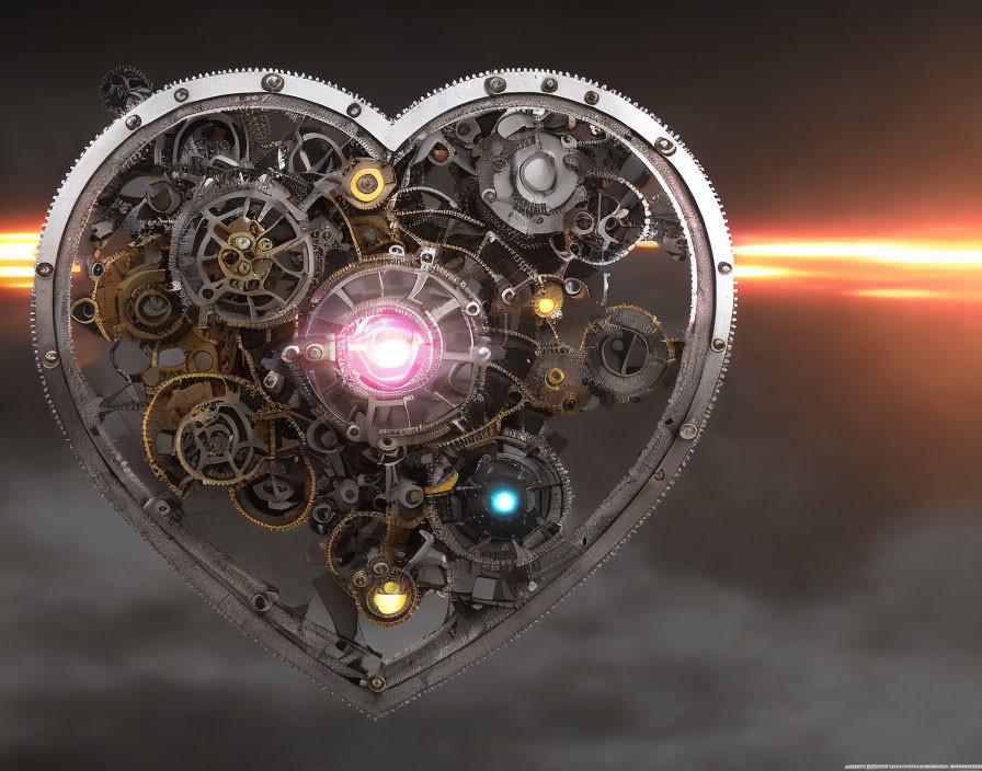 Steampunk-style heart with intricate gears and glowing core on cloudy sunset sky