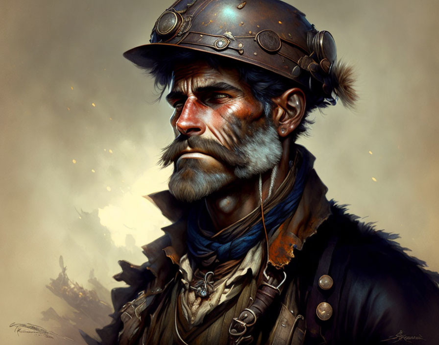 Bearded soldier with helmet and medals in battlefield illustration