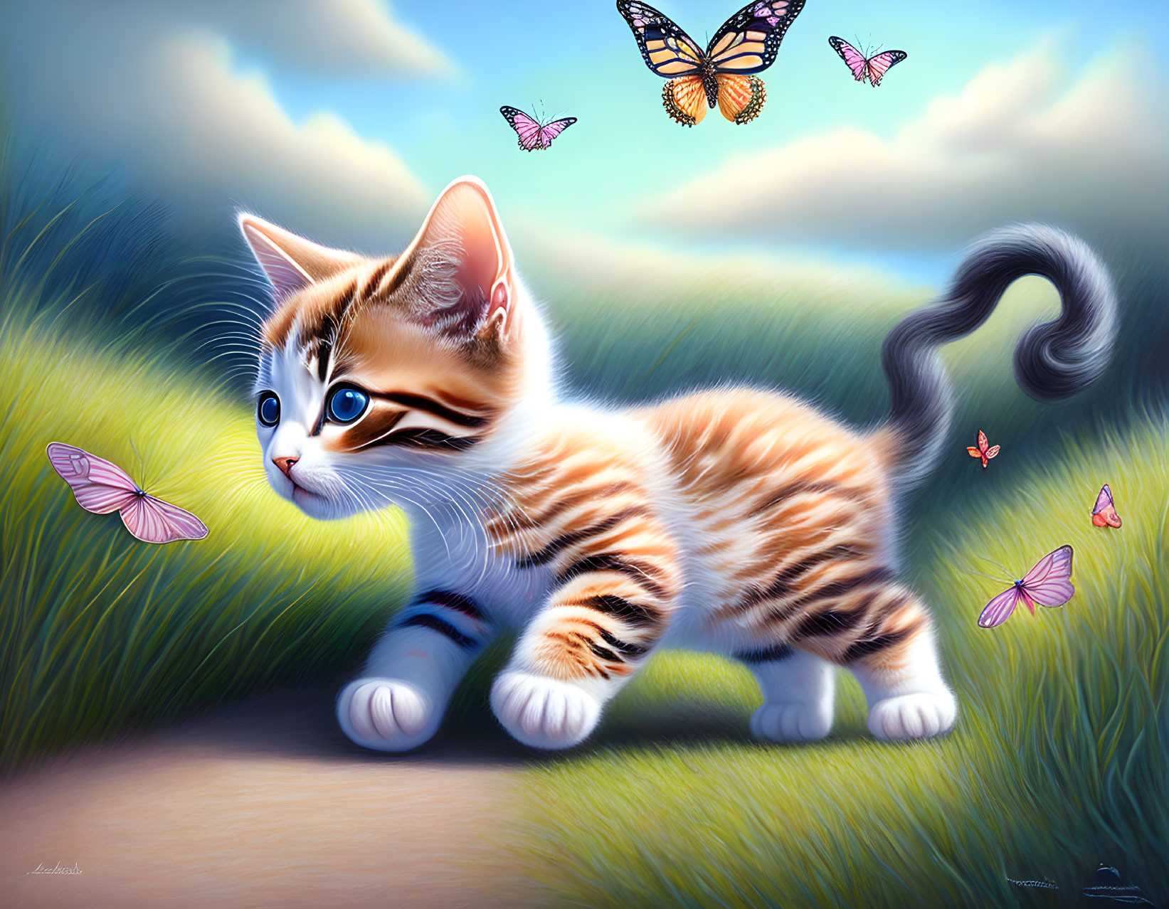 A kitten chasing a butterfly, pastel pencils, by A