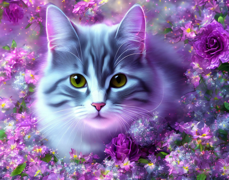 Grey and White Fluffy Cat with Green Eyes Surrounded by Pink and Purple Flowers