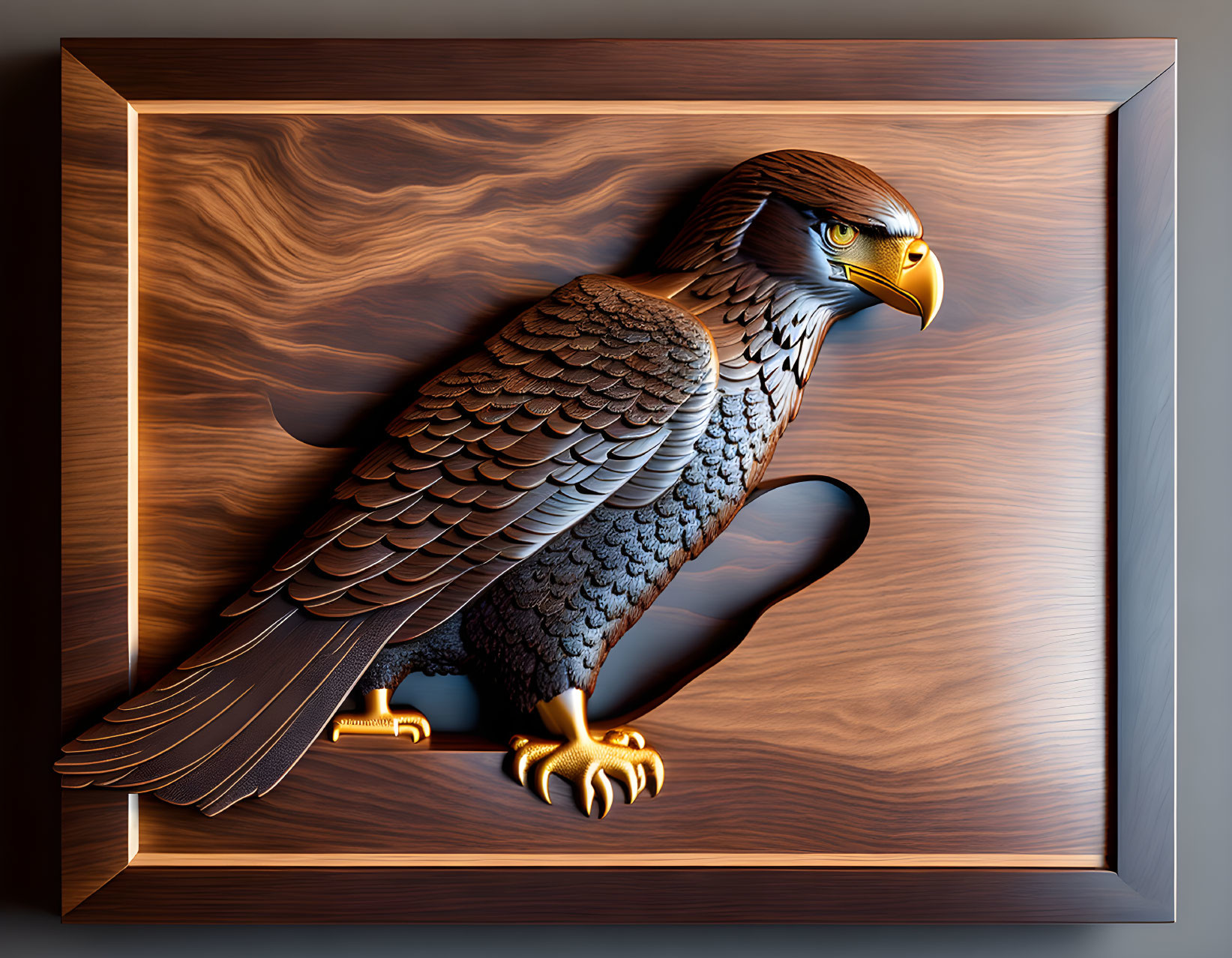 A wooden bas-relief of an eagle is a three