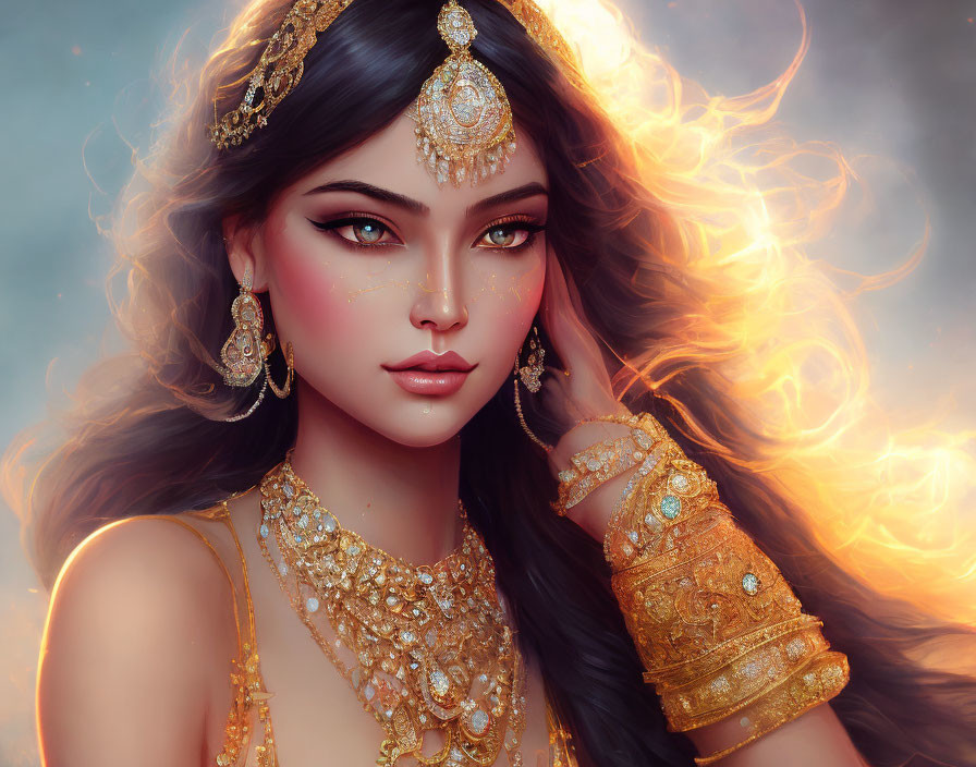 Digital artwork: Woman with flowy hair and gold jewelry against fiery backdrop
