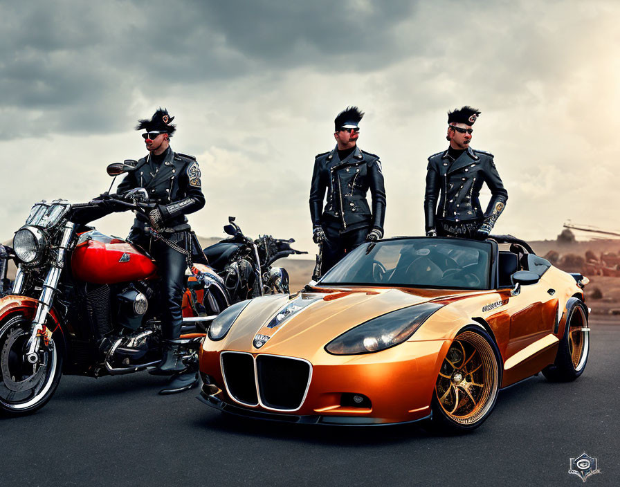 Three people in leather jackets and sunglasses with motorcycle and sports car under cloudy sky.