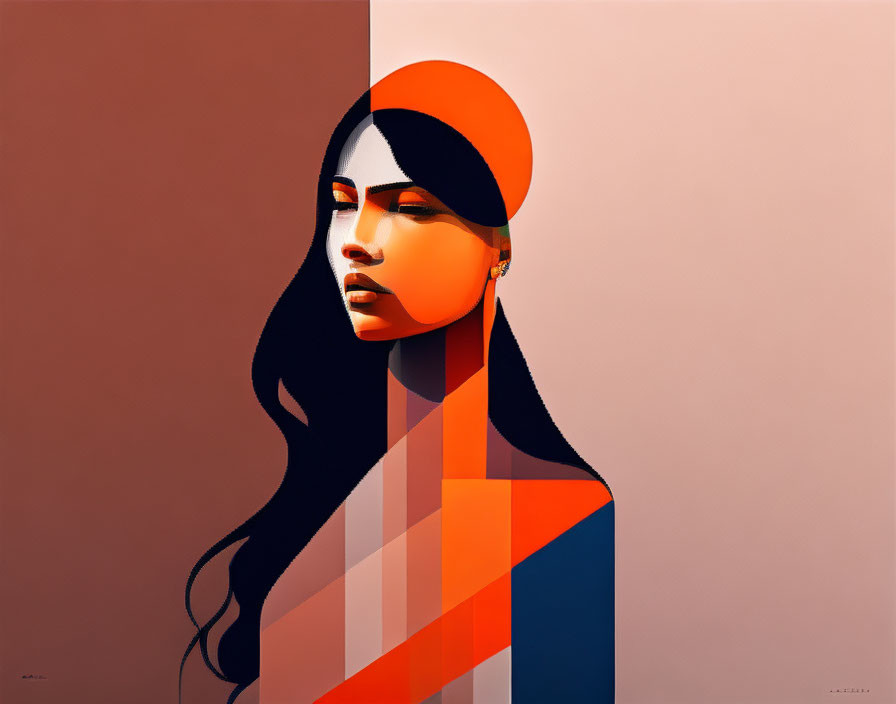 Geometric Stylized Portrait of Woman with Long Hair in Red, Orange, and Blue Tones