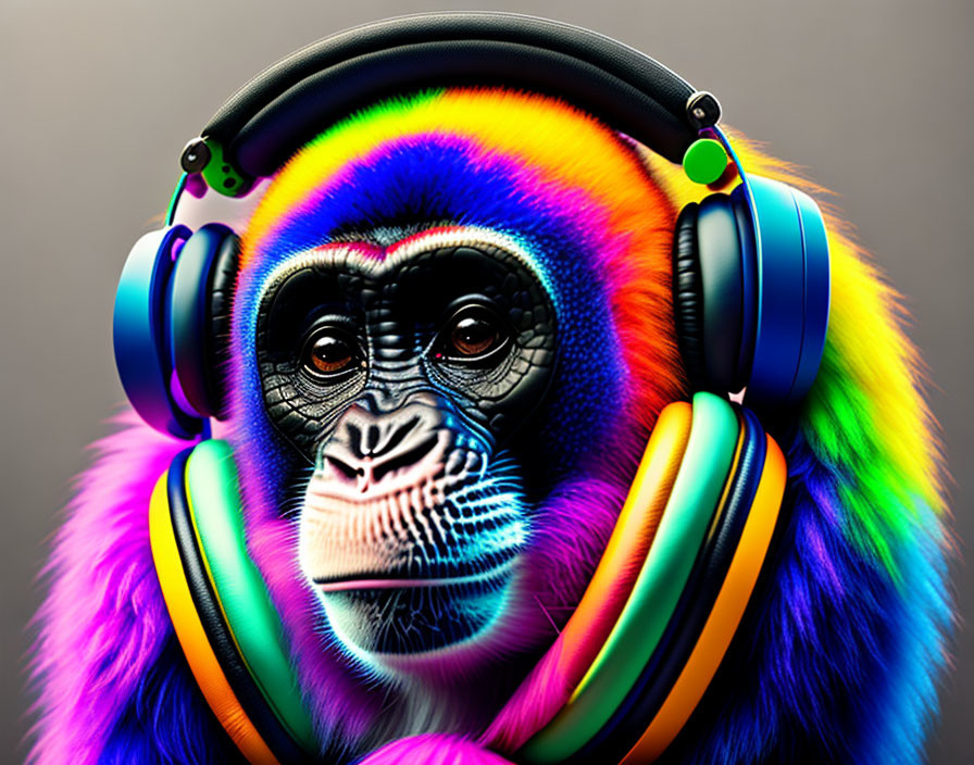 black and white monkey in colorful headphones