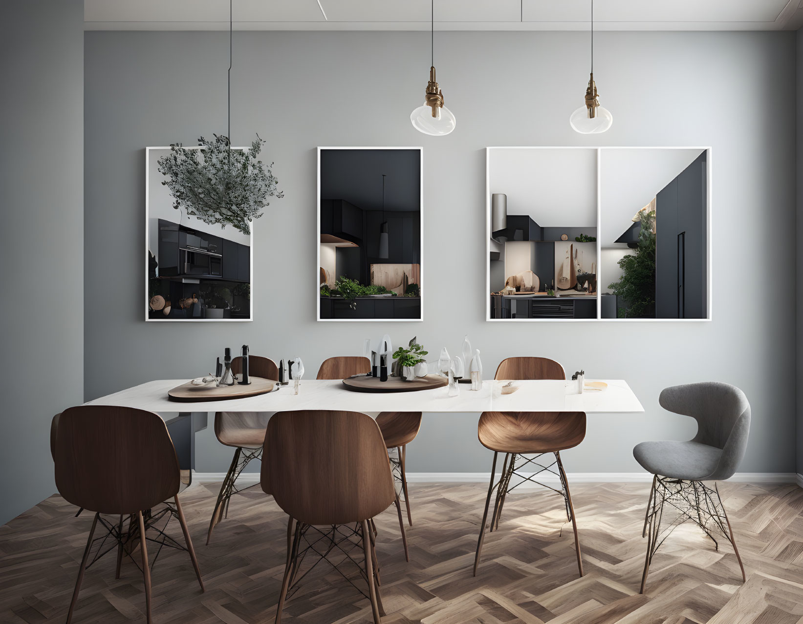 Contemporary dining room with wooden table, brown chairs, gray walls, pendant lights, and interior space