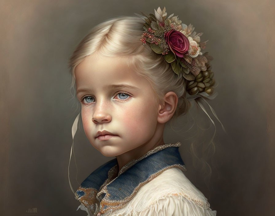 Young girl portrait with blue eyes, blonde hair, floral headpiece, vintage denim and lace collar