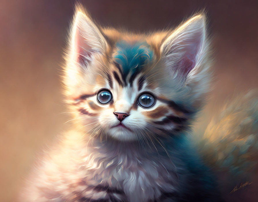 Fluffy kitten with blue eyes and tabby markings gazes curiously