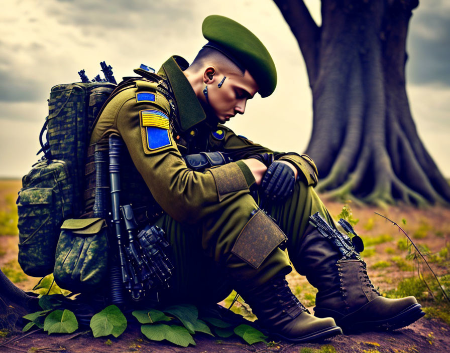 Military soldier resting under a tree with rifle and backpack