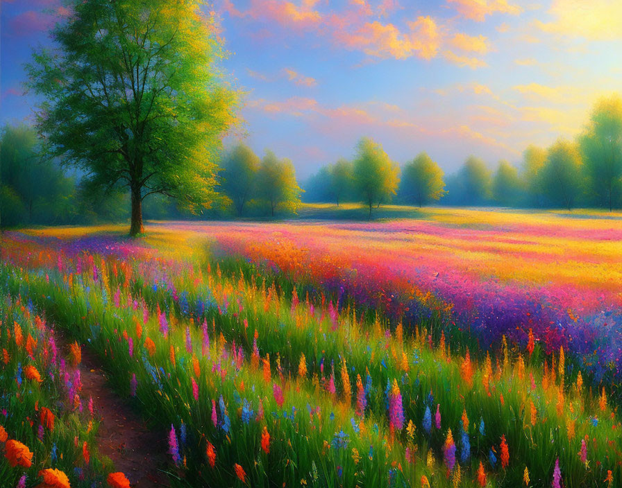 Colorful Wildflower Field with Solitary Tree in Pastel Sky