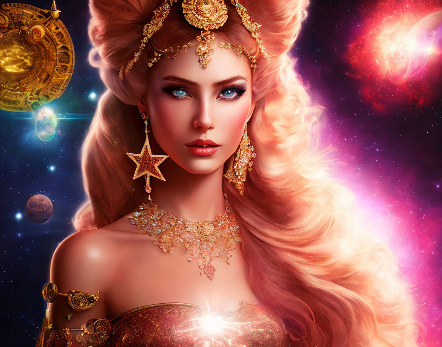 Digital artwork featuring woman with golden jewelry and cosmic background