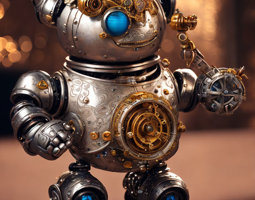 Intricately designed steampunk robot with brass gears and glowing blue eyes