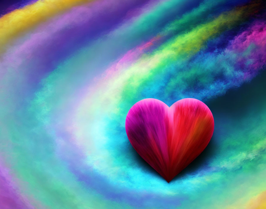 Colorful digital artwork featuring a pink and red heart on dynamic background