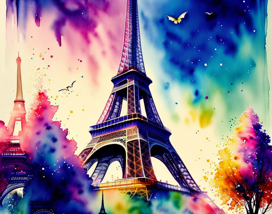 Colorful Watercolor Painting of Eiffel Tower with Multicolored Sky