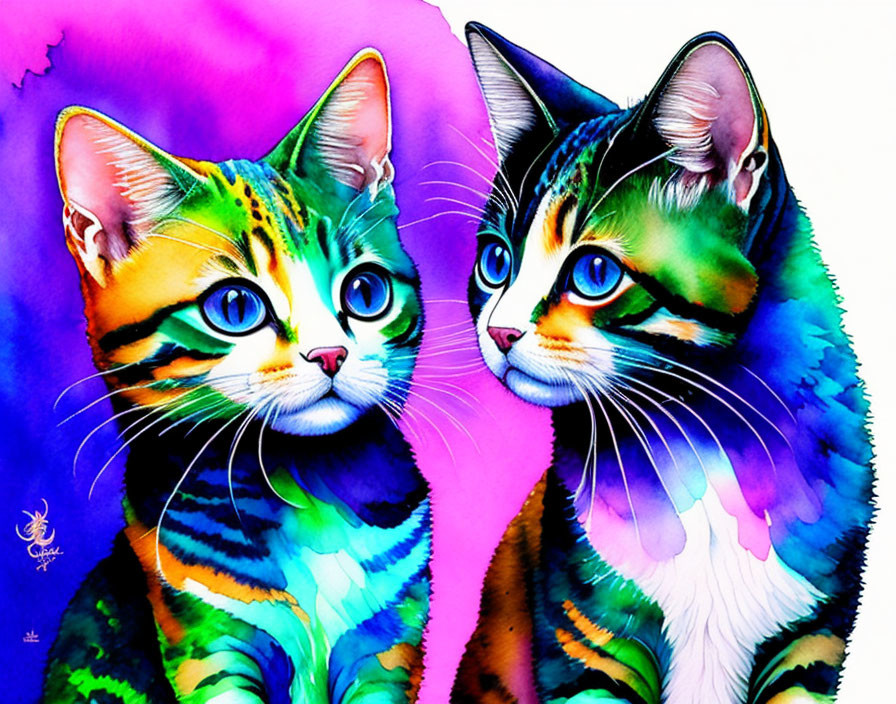 Vibrant illustrated cats with green eyes on colorful background