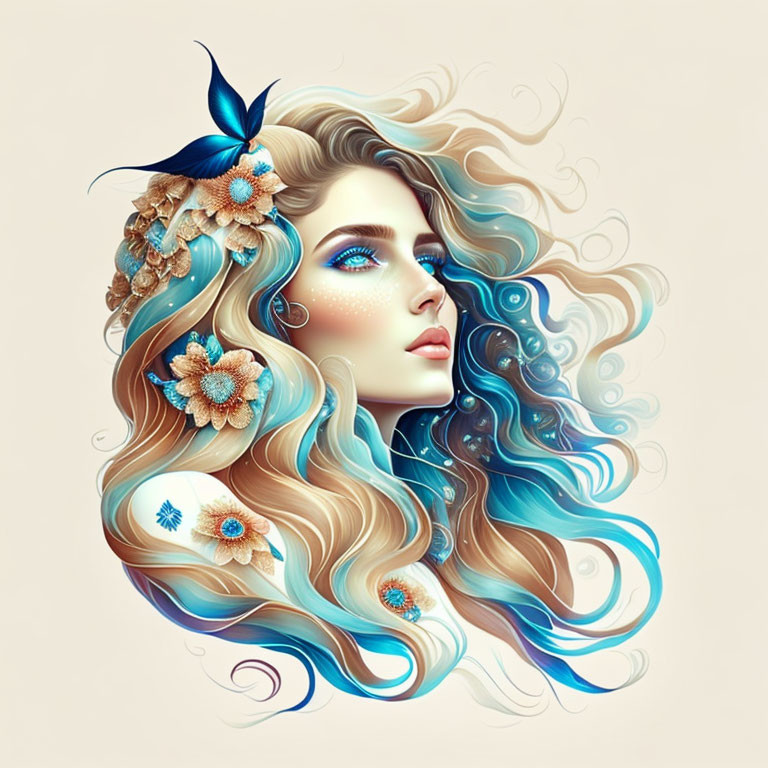 Vibrant woman illustration with blonde hair, blue flowers, and butterfly