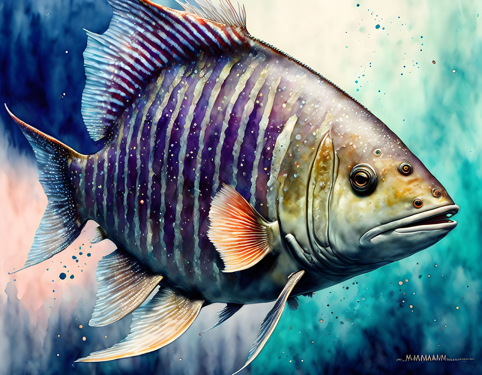 Piranha fish, watercolor, Jean-Baptiste Monge styl