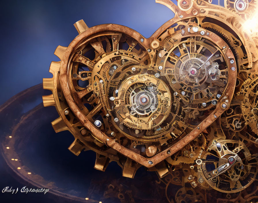 Steampunk-style heart with gears and cogs on celestial-mechanical backdrop