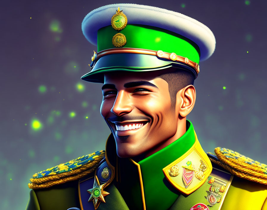 Smiling man in green military uniform with decorations and cap on sparkling background