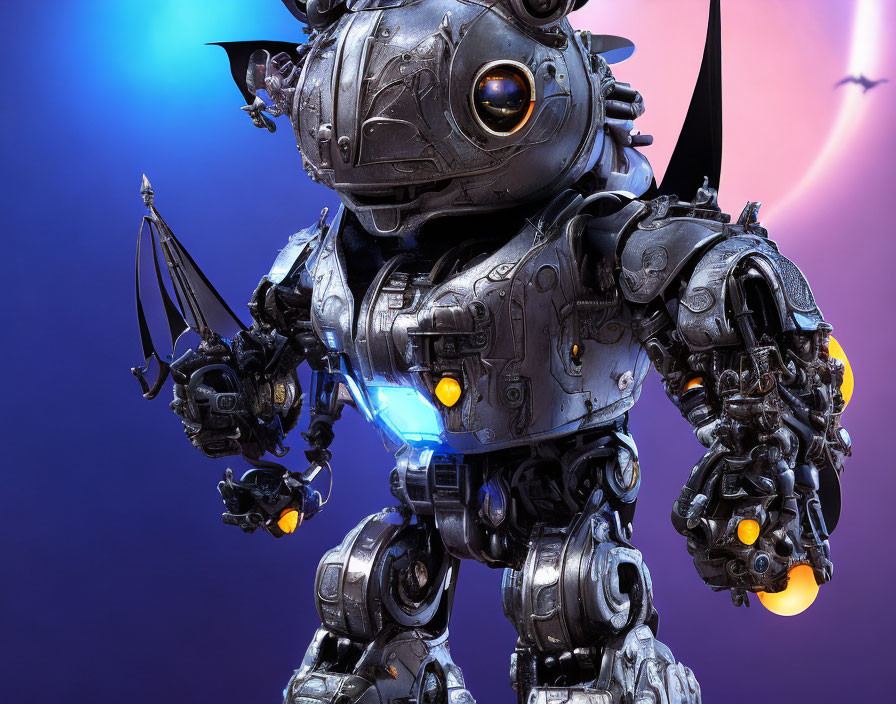 Detailed mechanical robot with glowing blue and yellow elements against purple and blue backdrop with bird silhouette.