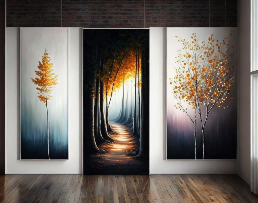 Vertical paintings of golden leaf trees in mystical forest setting on brick wall.