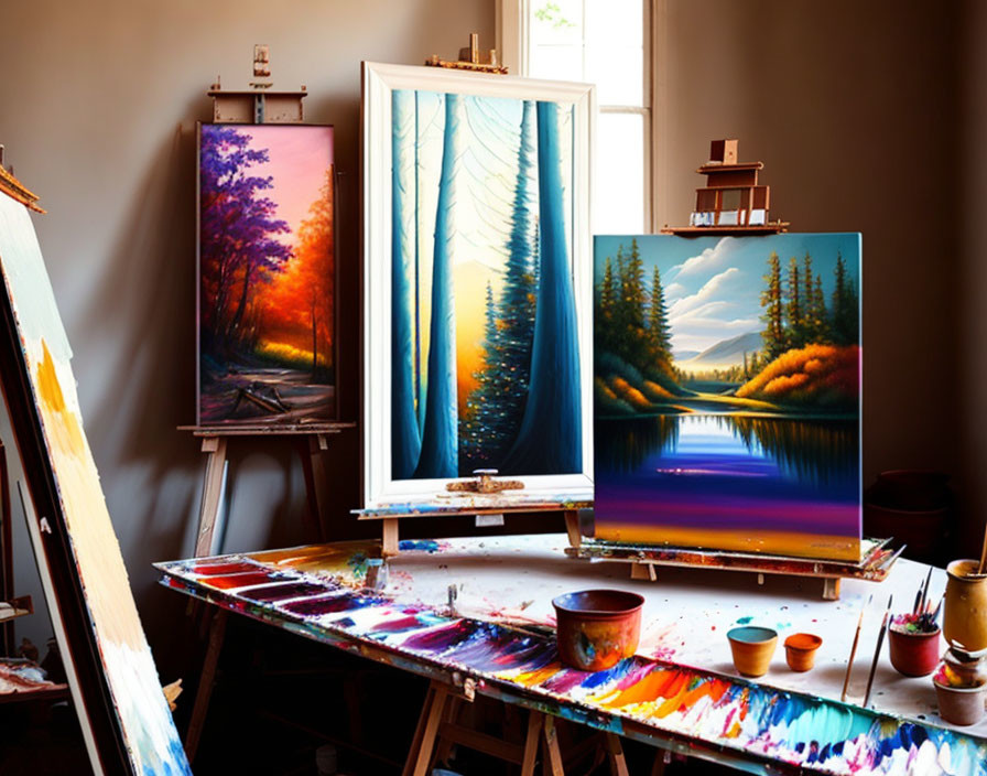 Colorful Landscape Paintings in Artist's Studio with Palette and Tools