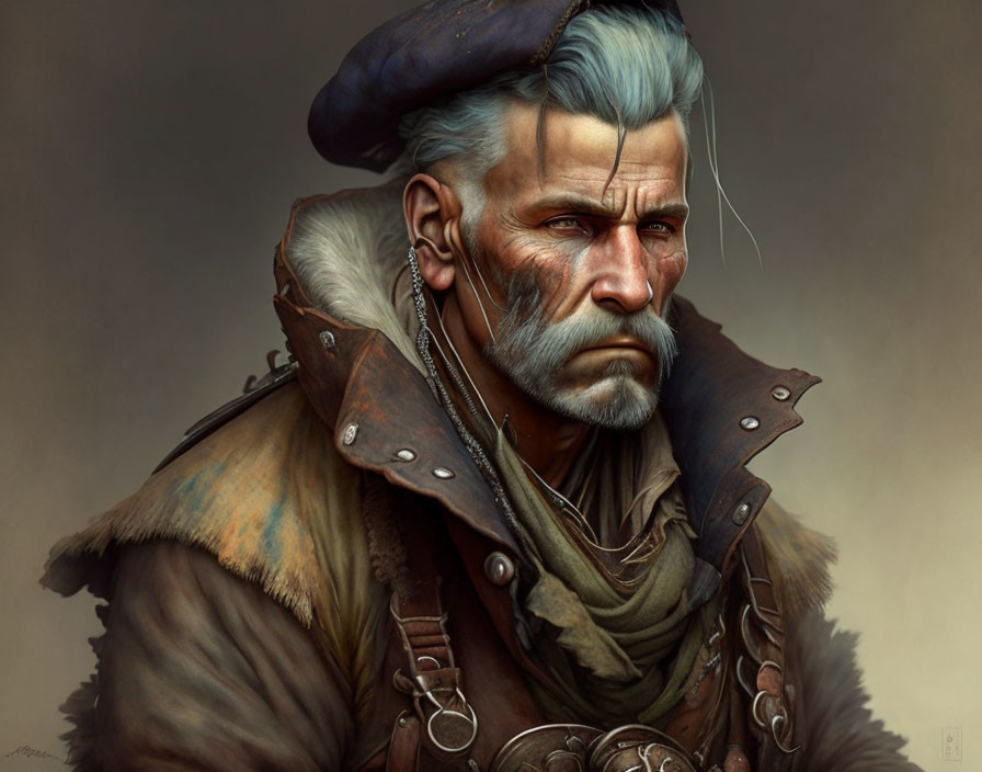 Digital artwork of rugged man with blue beret, fur collar, leather pauldron, beard,