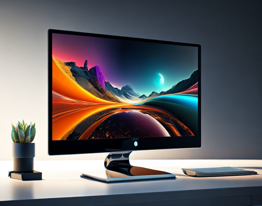 Minimalist Desktop Setup with Large Colorful Abstract Wallpaper