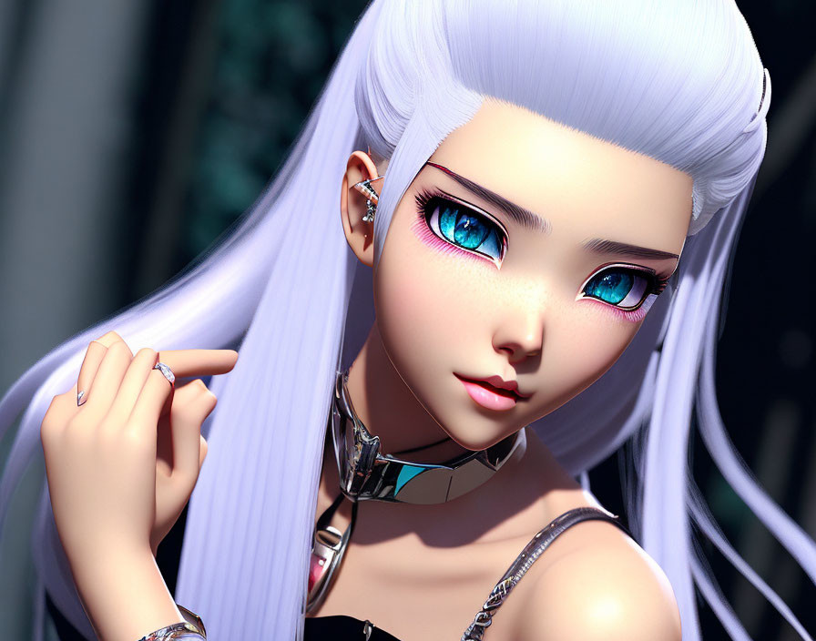 3D-rendered female character with blue eyes, white hair, silver choker