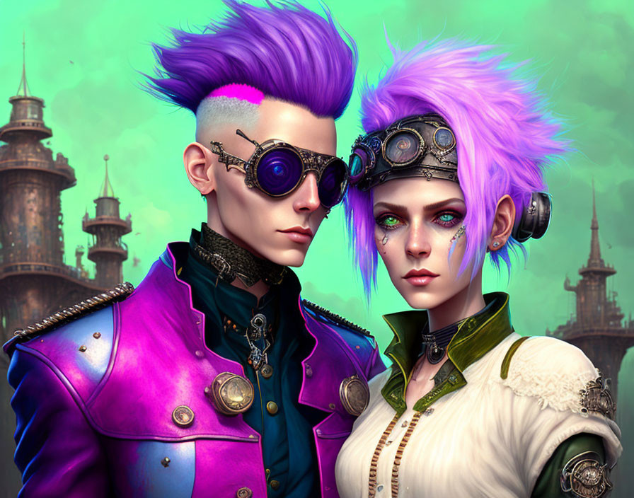 Purple-haired characters in steampunk attire with goggles, vibrant clothing, and fantasy towers backdrop