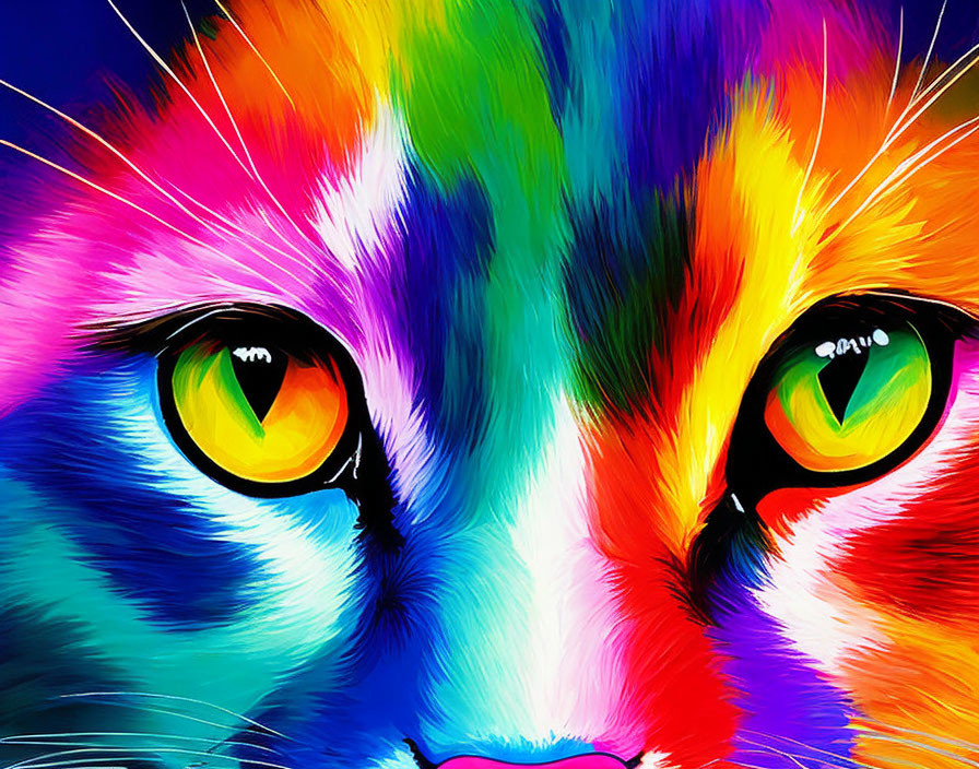 Colorful Cat Face with Multicolored Eyes