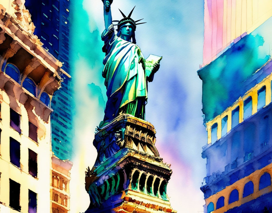 Colorful Watercolor Illustration of Statue of Liberty and Cityscape