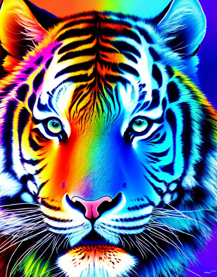 Colorful Digital Artwork Featuring Tiger's Face in Neon Hues