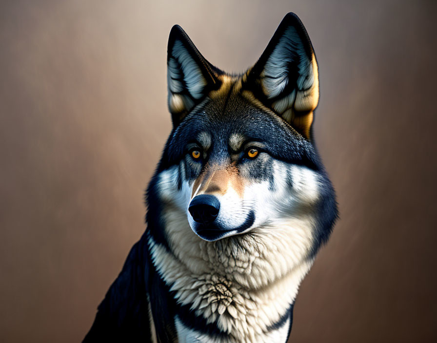 Portrait of dog with wolf-like features on smooth brown backdrop