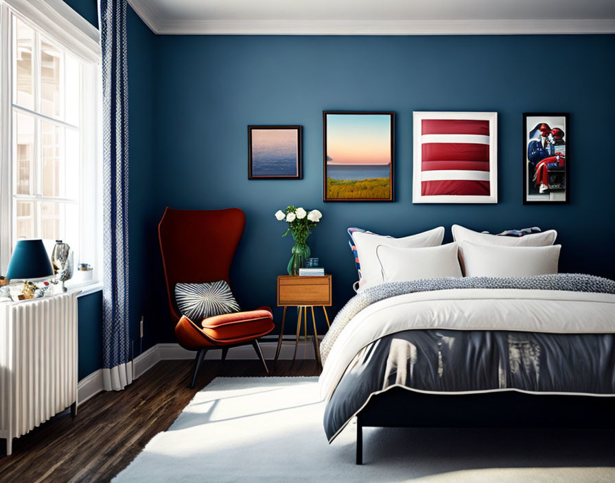 Blue Wall Bedroom Decor with Framed Pictures, Gray Bedding, Red Armchair, and Wooden Side