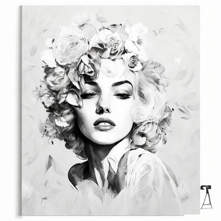 Monochrome portrait of a woman with floral hair on canvas with letter "A