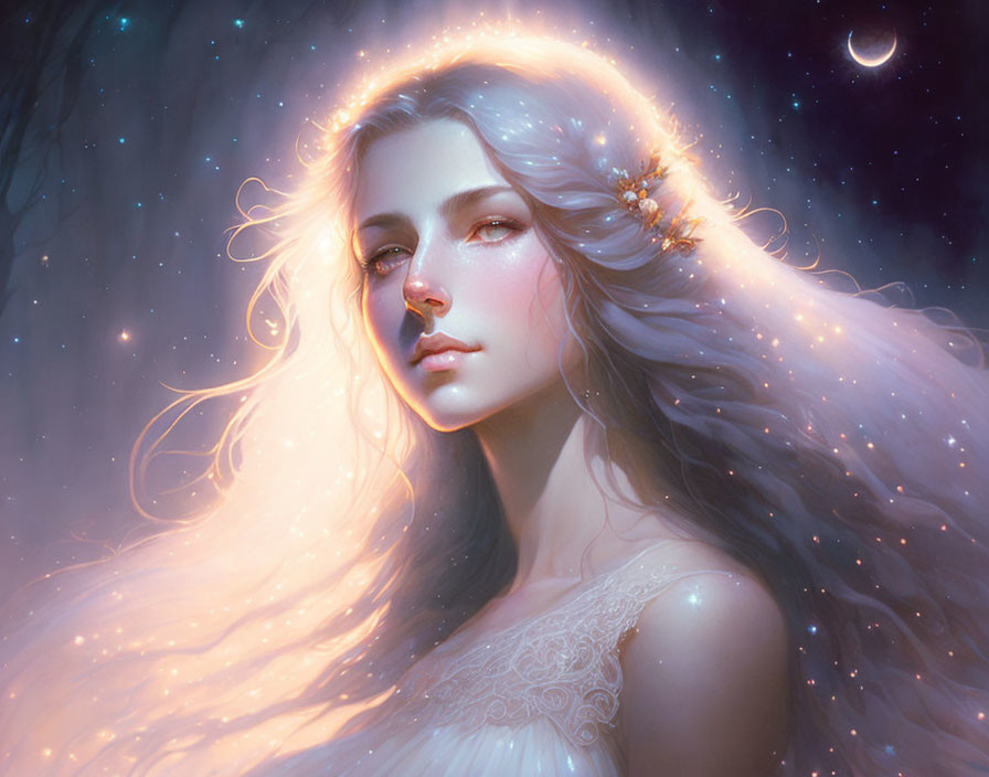 Portrait of a woman with luminous hair in moonlit setting