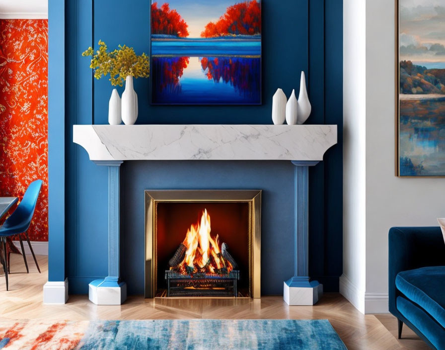 modern fireplace, three paintings hanging, Europea