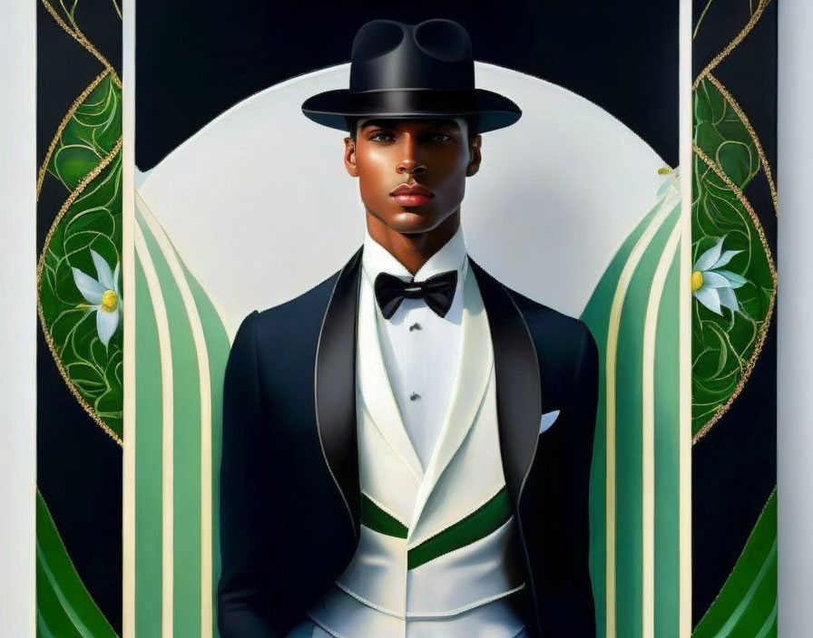 Sophisticated man in black tuxedo and top hat against art deco background