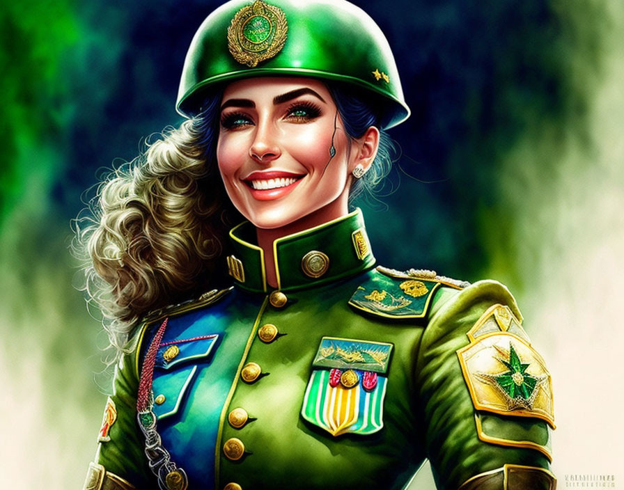 Stylized digital artwork of a smiling woman in military uniform